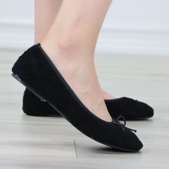 Black Ballet Flats Bow Detail Rounded Toe Slip-On Sherpa Upper - Picture 7 of 13